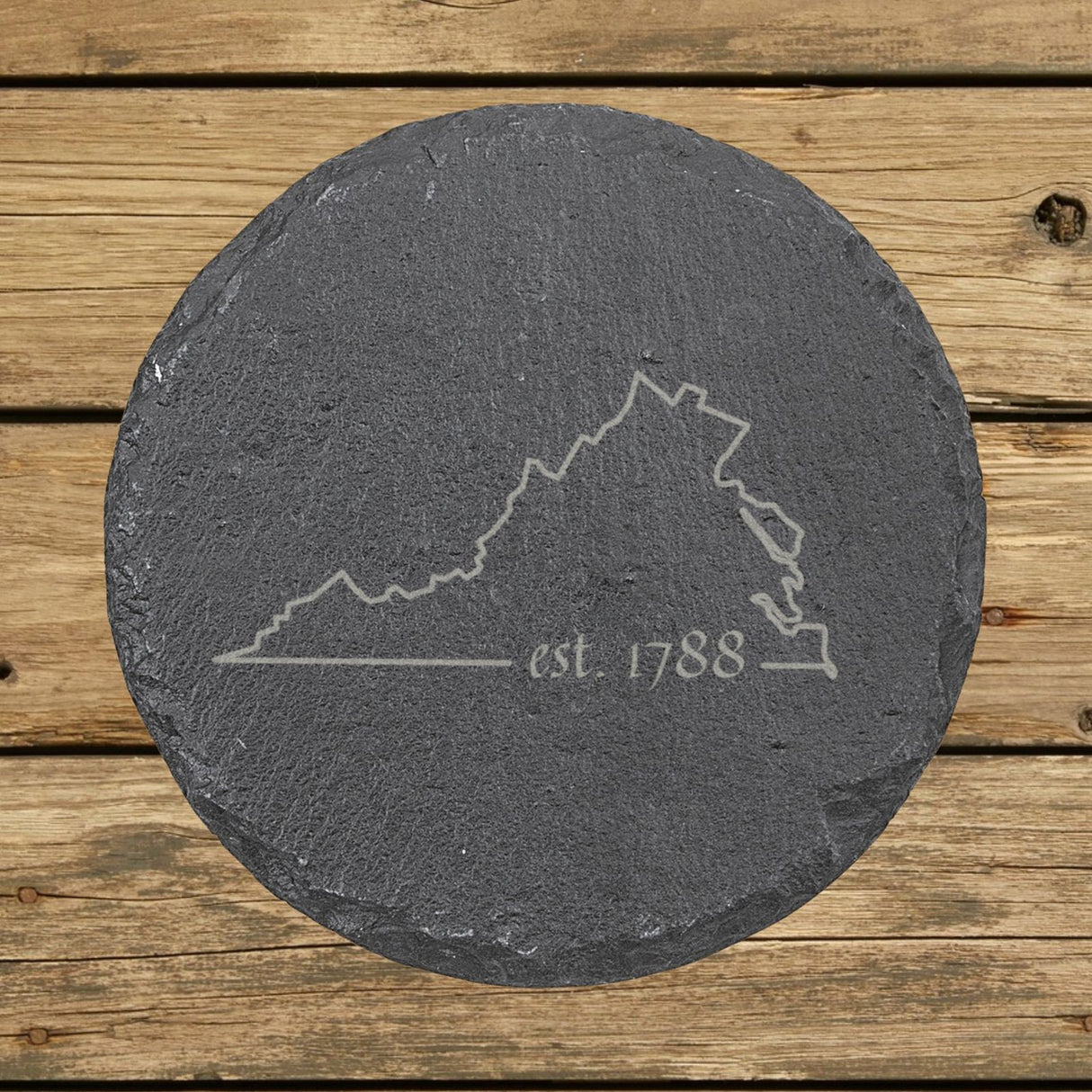 Virginia round slate coaster engraved with the state outline and est. 1788