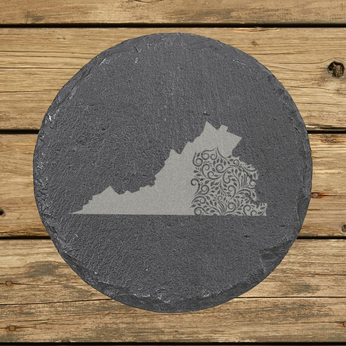 Virginia round slate coaster engraved with the state shape in ornate floral scrollwork