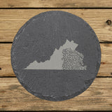Virginia round slate coaster engraved with the state shape in ornate floral scrollwork