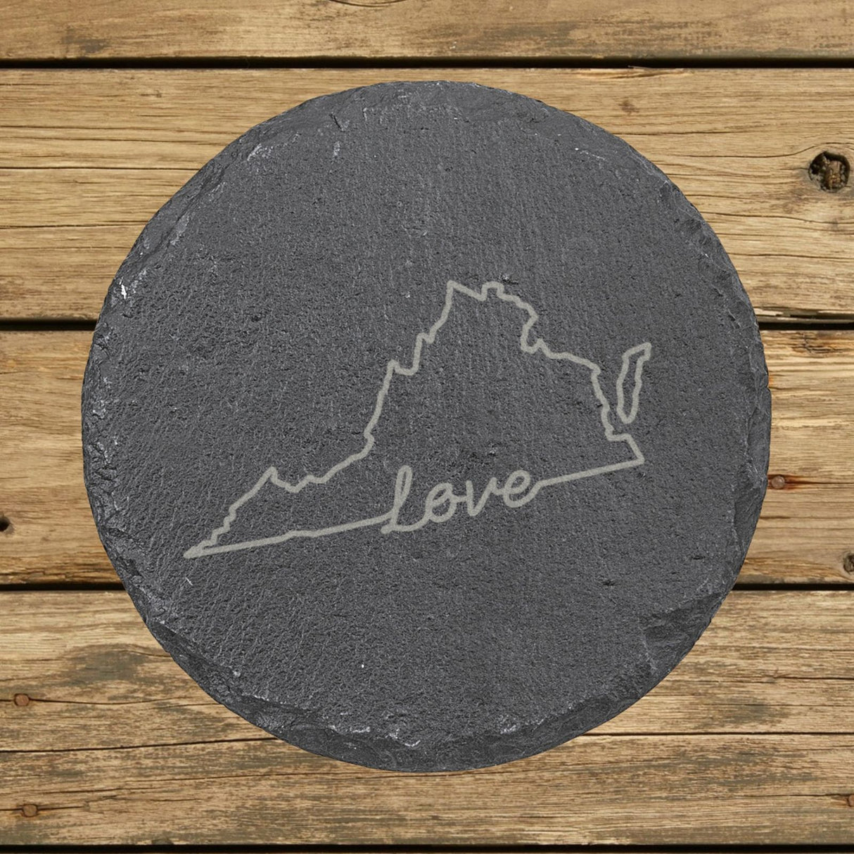 Virginia round slate coaster engraved with a hand-drawn state outline and love in cursive