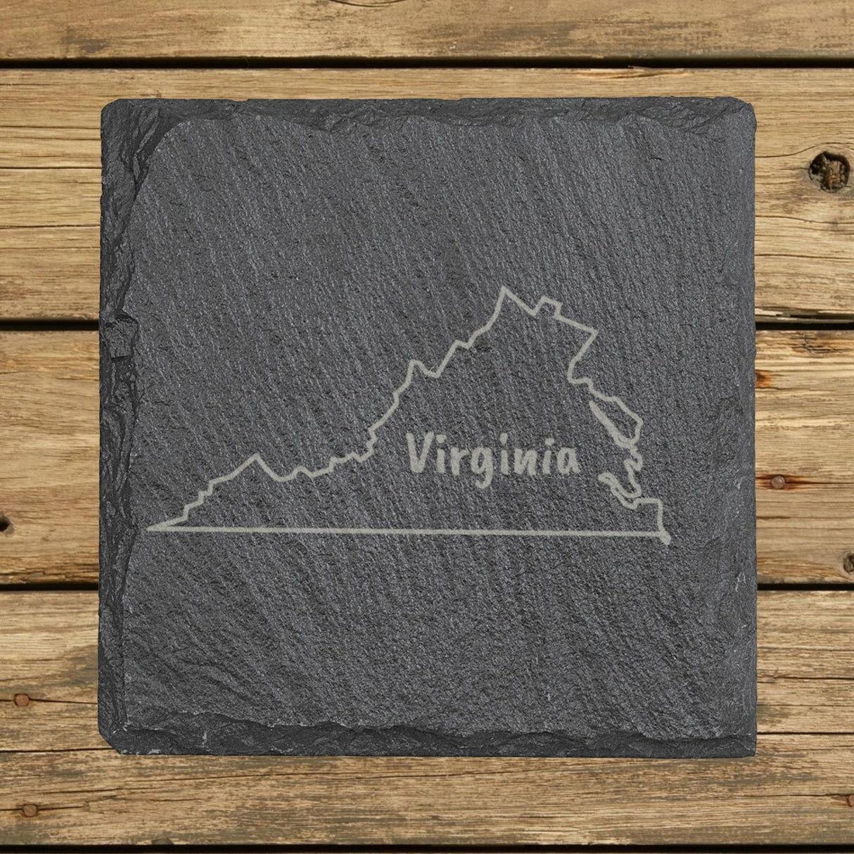 Virginia square slate coaster engraved with the state outline and VIRGINIA in hand-drawn brush lettering