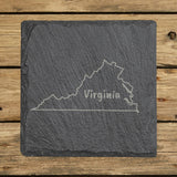 Virginia square slate coaster engraved with the state outline and VIRGINIA in hand-drawn brush lettering