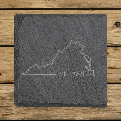 Virginia square slate coaster engraved with the state outline and est. 1788