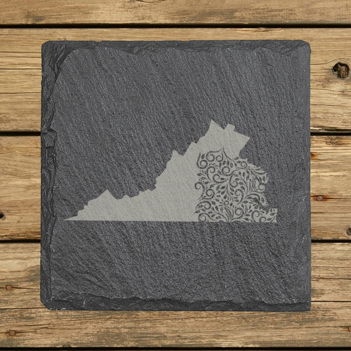 Virginia square slate coaster engraved with the state shape in ornate floral scrollwork