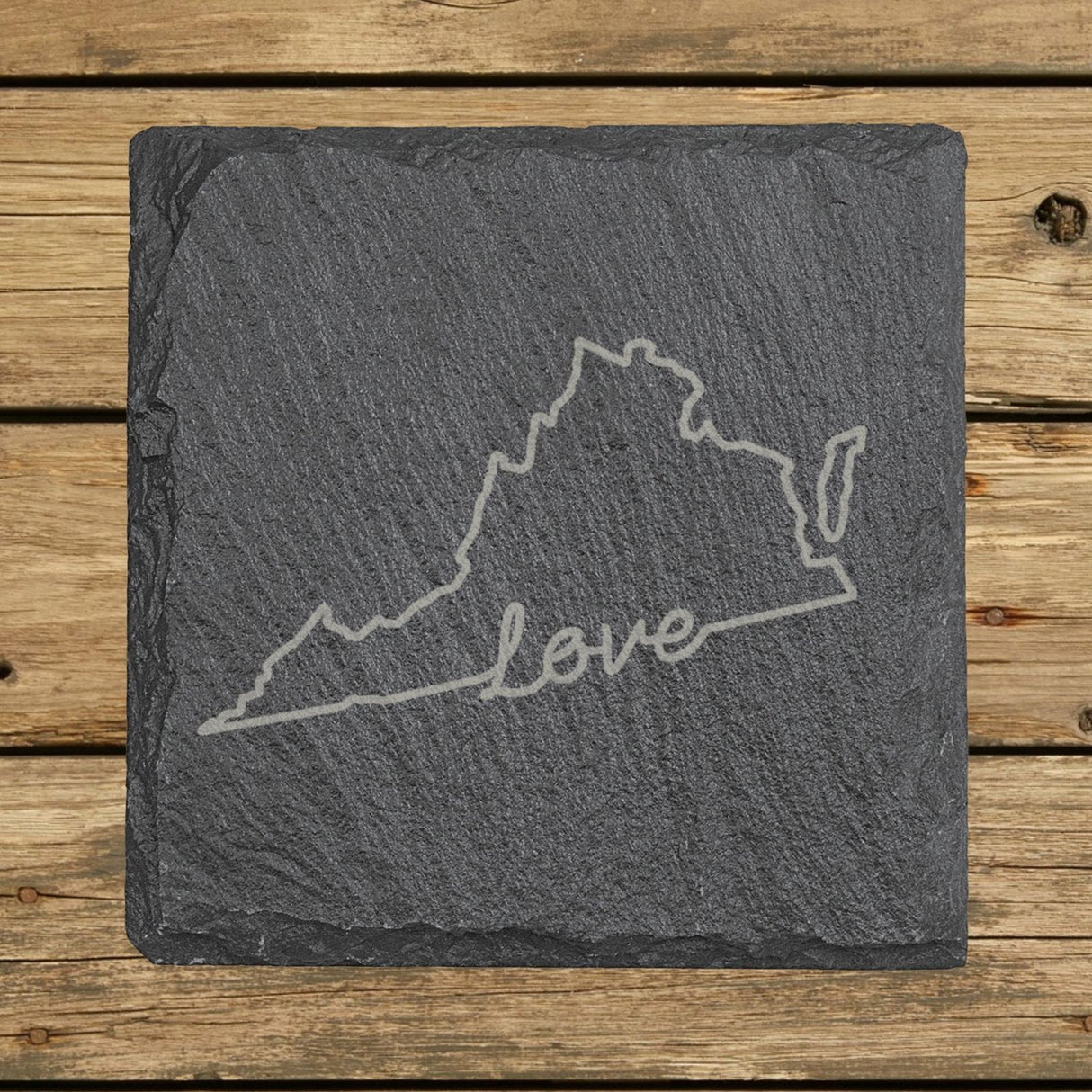 Virginia square slate coaster engraved with a hand-drawn state outline and love in cursive