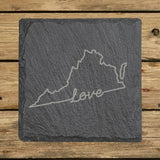 Virginia square slate coaster engraved with a hand-drawn state outline and love in cursive