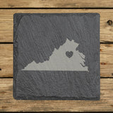 Virginia square slate coaster engraved with the state shape and a heart