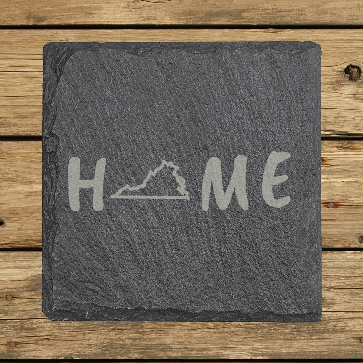 Virginia square slate coaster engraved with HOME using the state outline as the letter O