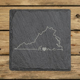 Virginia square slate coaster engraved with the state outline and home in script with a heart