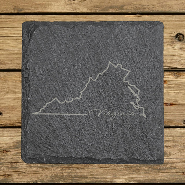 Virginia square slate coaster engraved with the state outline and Virginia in script lettering