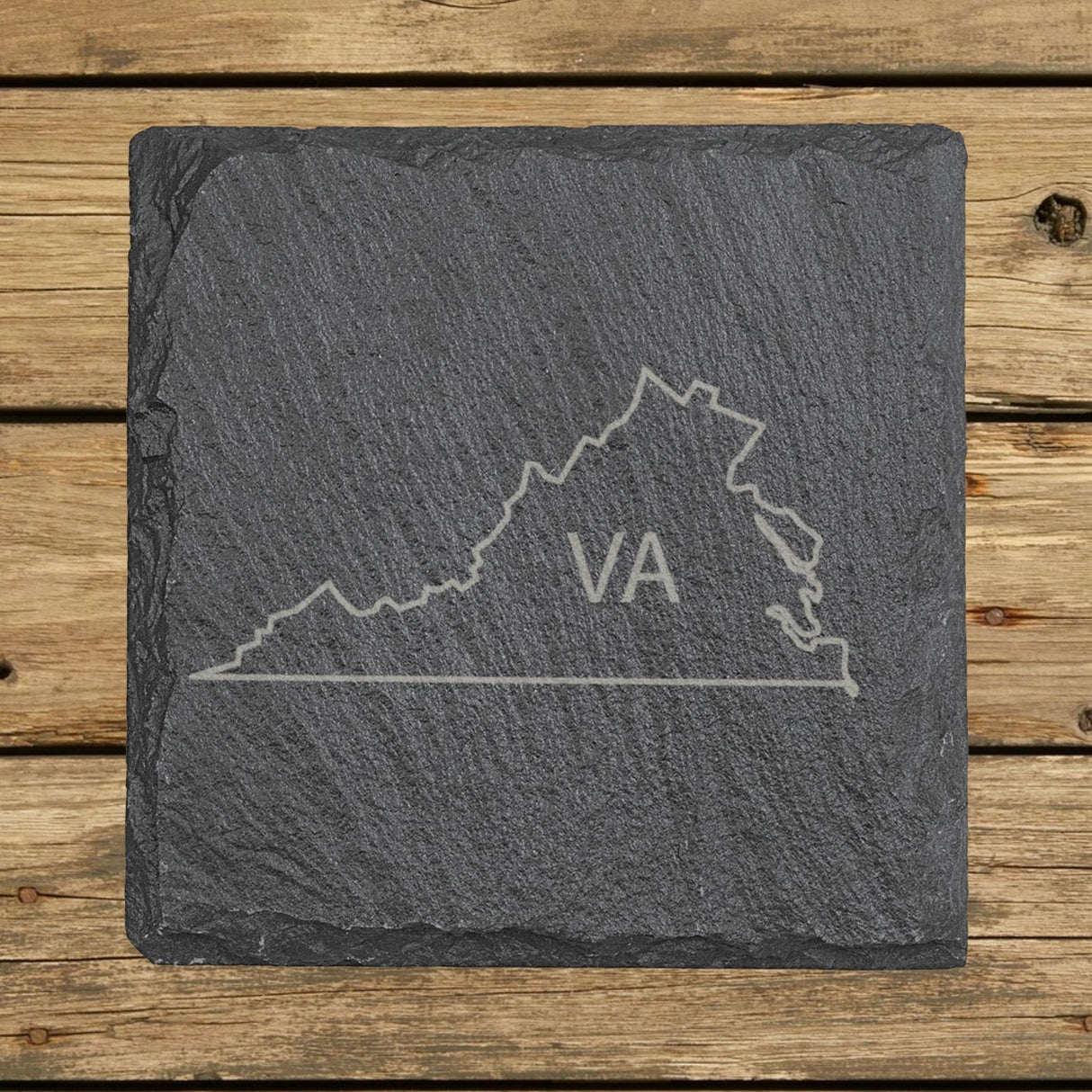 Virginia square slate coaster engraved with the state outline and VA initials