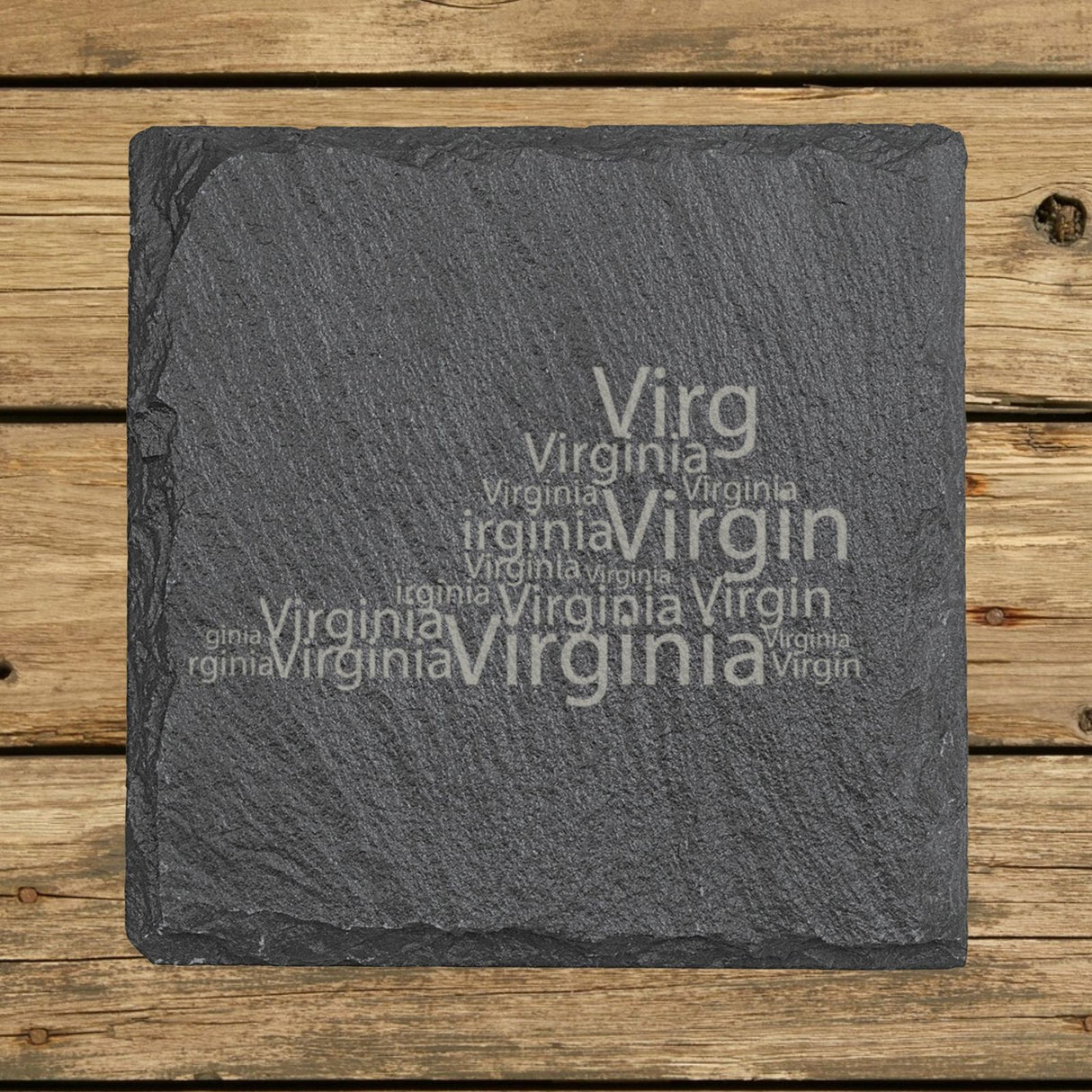 Virginia square slate coaster engraved with a word cloud of repeating Virginia text