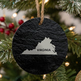 Virginia round slate Christmas ornament engraved with the state shape and VIRGINIA in bold lettering