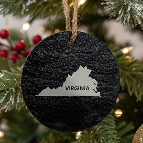 Virginia round slate Christmas ornament engraved with the state shape and VIRGINIA in bold lettering
