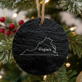 Virginia round slate Christmas ornament engraved with the state outline and VIRGINIA in hand-drawn brush lettering
