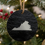 Virginia round slate Christmas ornament with the full state shape engraved