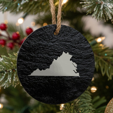 Virginia round slate Christmas ornament with the full state shape engraved