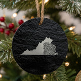Virginia round slate Christmas ornament engraved with the state shape in ornate floral scrollwork