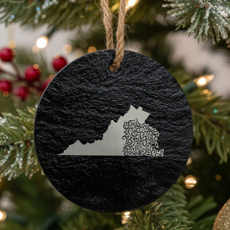 Virginia round slate Christmas ornament engraved with the state shape in ornate floral scrollwork