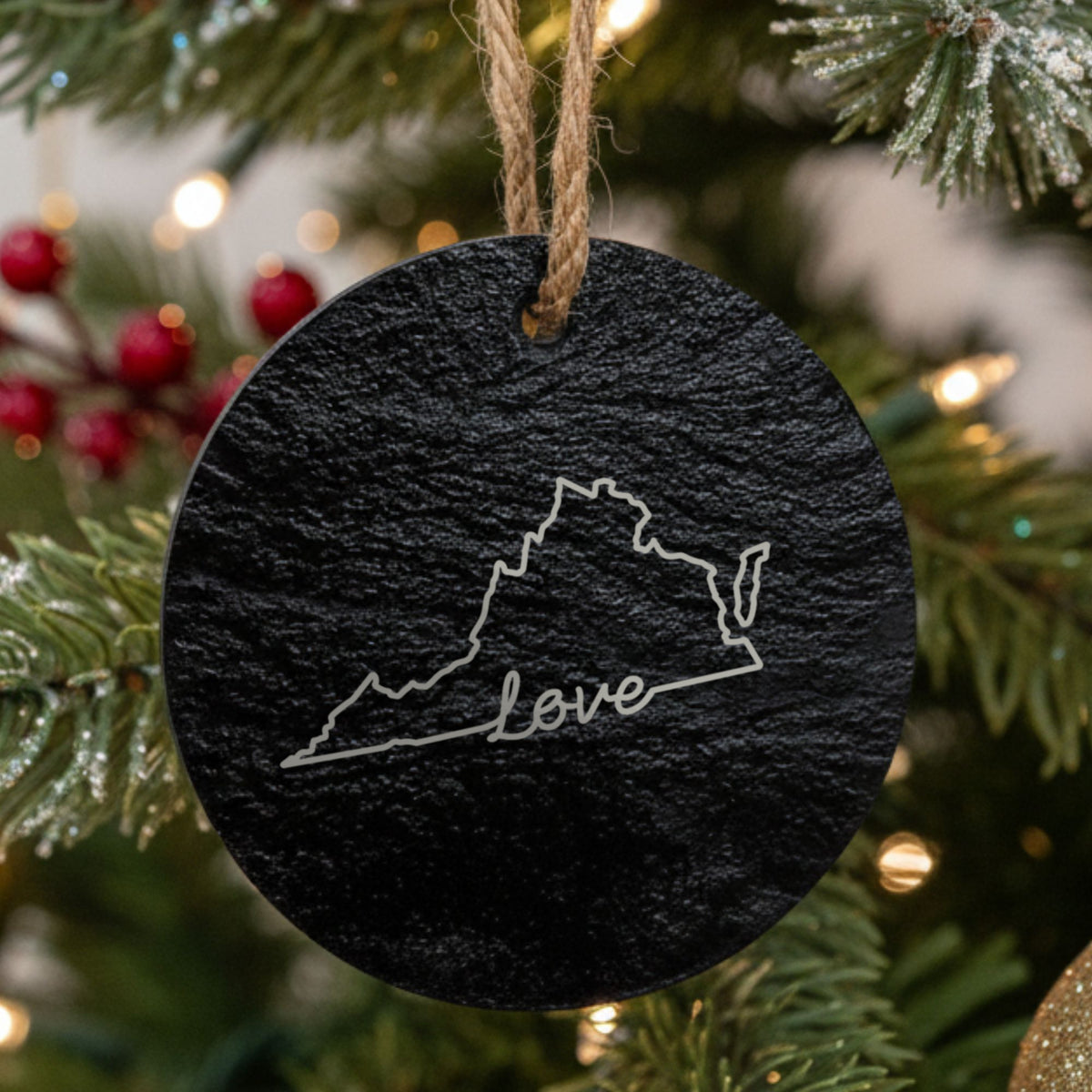 Virginia round slate Christmas ornament engraved with a hand-drawn state outline and love in cursive