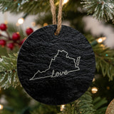 Virginia round slate Christmas ornament engraved with a hand-drawn state outline and love in cursive
