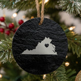 Virginia round slate Christmas ornament engraved with the state shape and a heart