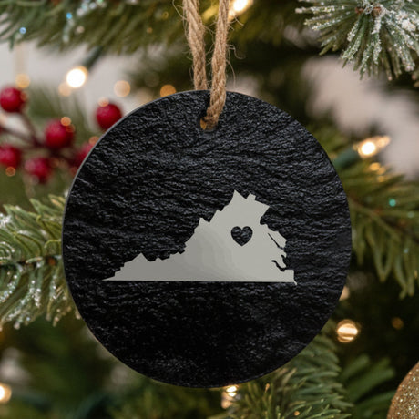 Virginia round slate Christmas ornament engraved with the state shape and a heart