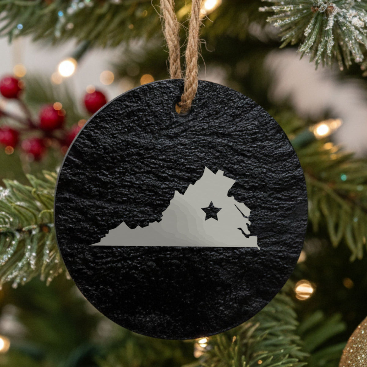 Virginia round slate Christmas ornament engraved with the state shape and a star