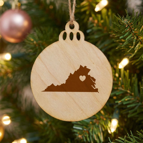 Virginia round wood Christmas ornament engraved with the state shape and a heart