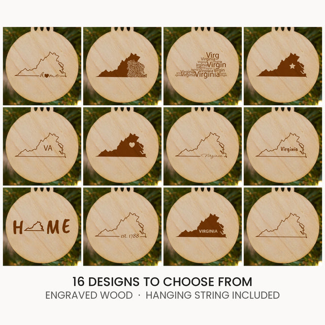 Virginia wood Christmas ornament, laser engraved natural wood