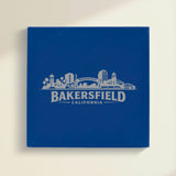 Close up of the Bakersfield, California skyline engraved on Blue leatherette