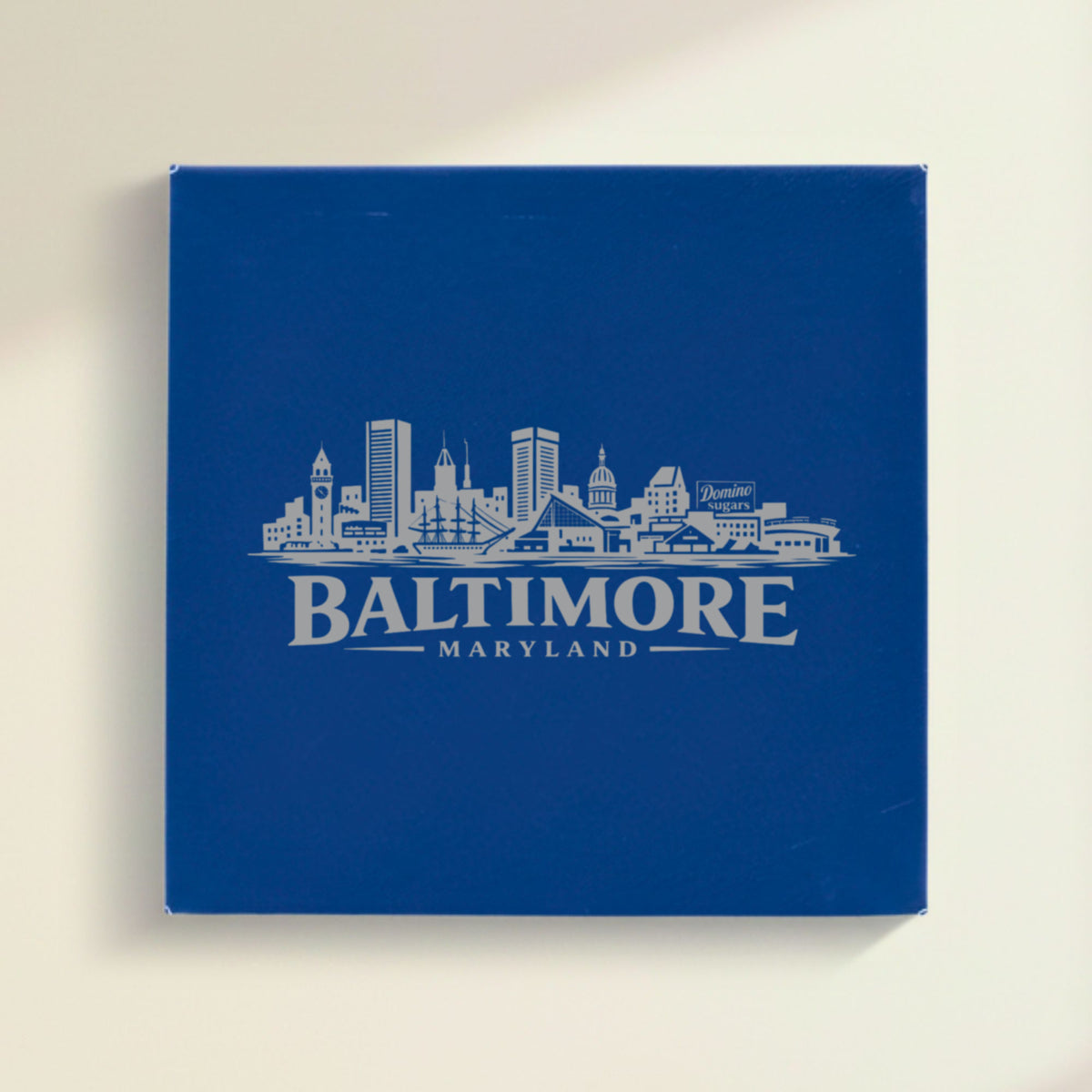 Close up of the Baltimore, Maryland skyline engraved on Blue leatherette