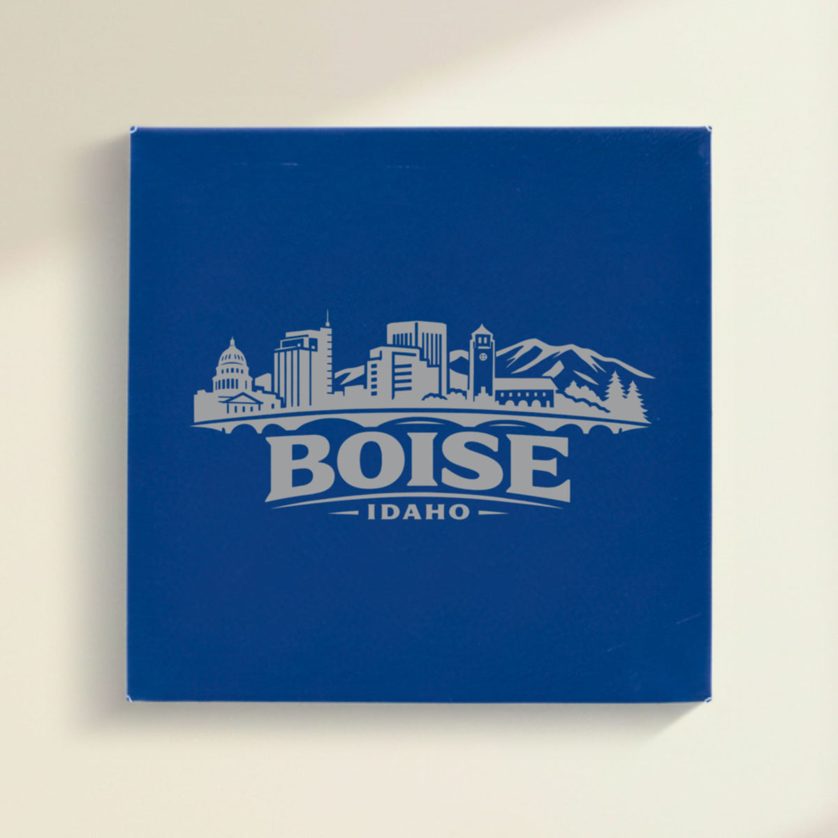 Close up of the Boise, Idaho skyline engraved on Blue leatherette