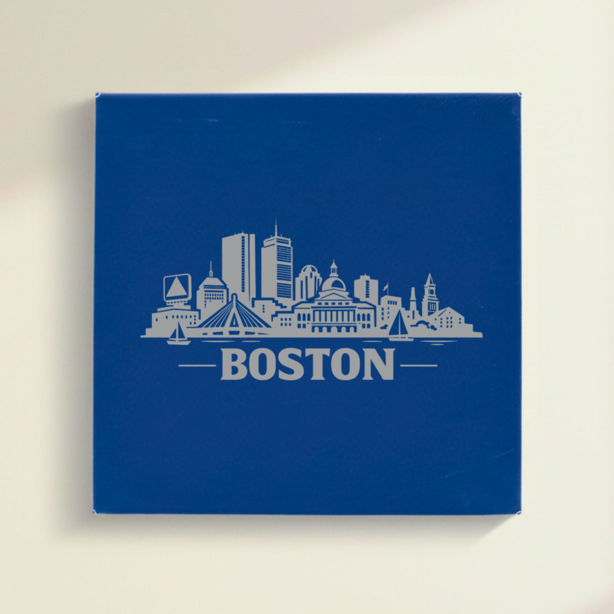 Close up of the Boston, Massachusetts skyline engraved on Blue leatherette