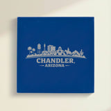 Close up of the Chandler, Arizona skyline engraved on Blue leatherette
