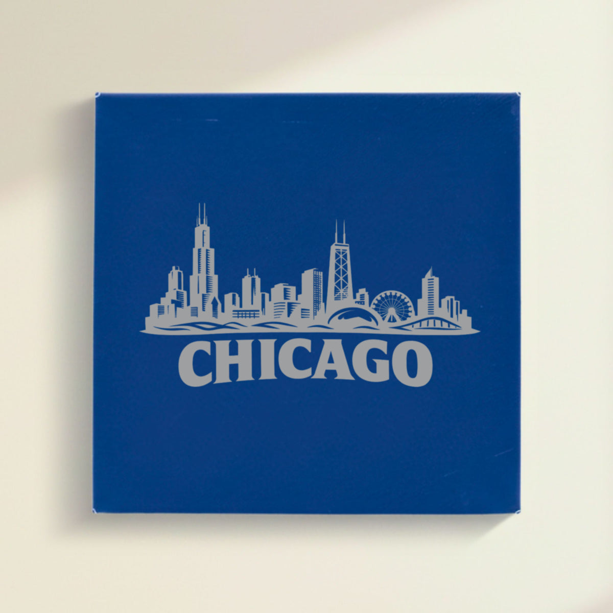 Close up of the Chicago, Illinois skyline engraved on Blue leatherette