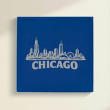 Close up of the Chicago, Illinois skyline engraved on Blue leatherette