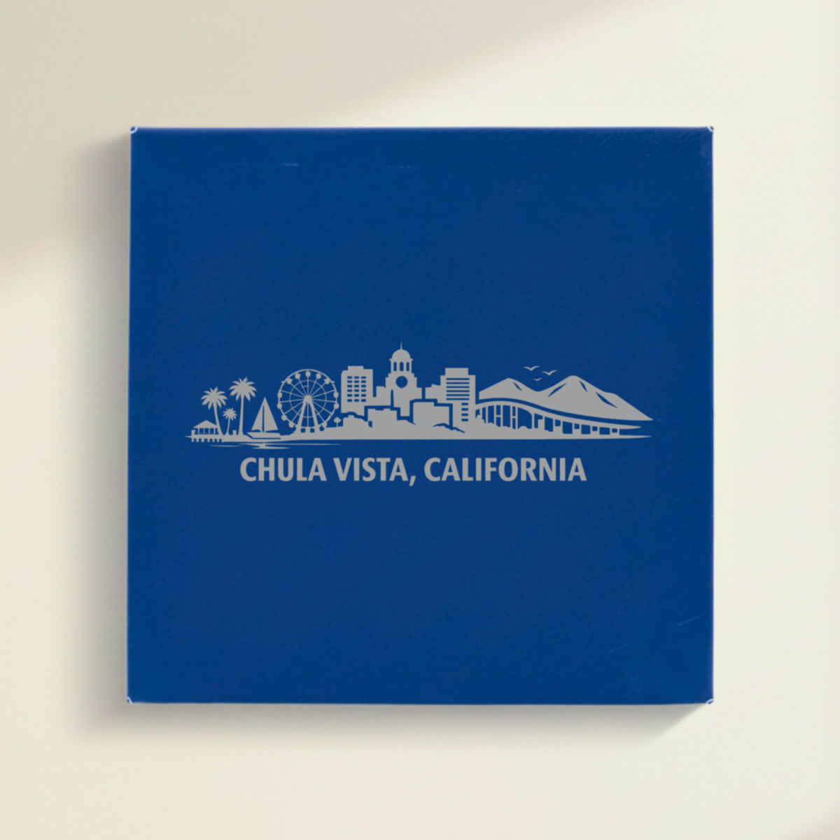 Close up of the Chula Vista, California skyline engraved on Blue leatherette