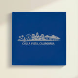 Close up of the Chula Vista, California skyline engraved on Blue leatherette