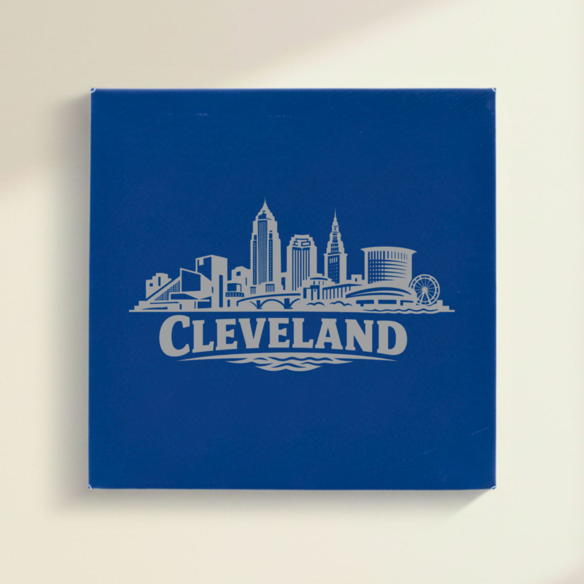 Close up of the Cleveland, Ohio skyline engraved on Blue leatherette