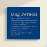 Close-up of the blue leatherette wall sign engraved with the Dog Person dictionary definition