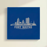 Close up of the Fort Wayne, Indiana skyline engraved on Blue leatherette