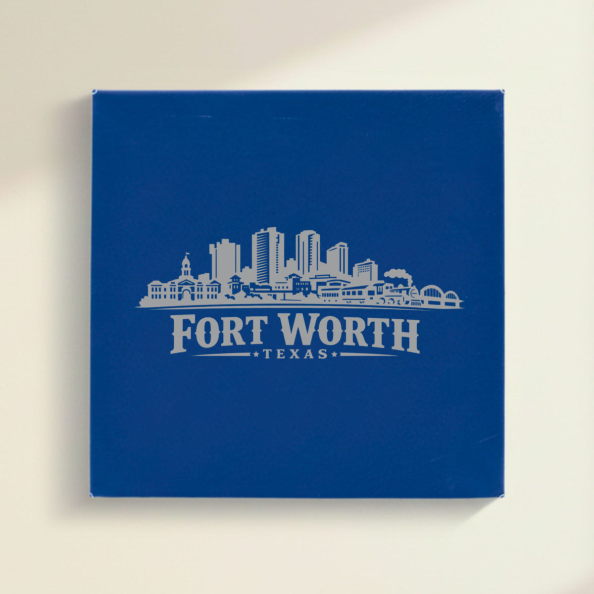 Close up of the Fort Worth, Texas skyline engraved on Blue leatherette