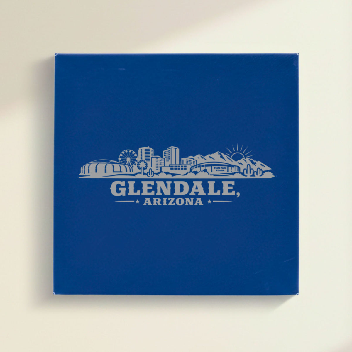 Close up of the Glendale, Arizona skyline engraved on Blue leatherette