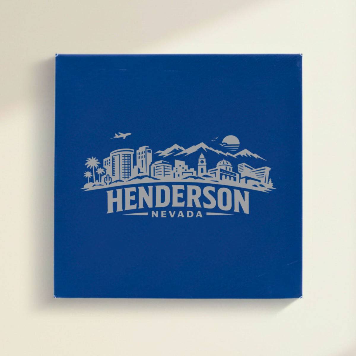 Close up of the Henderson, Nevada skyline engraved on Blue leatherette