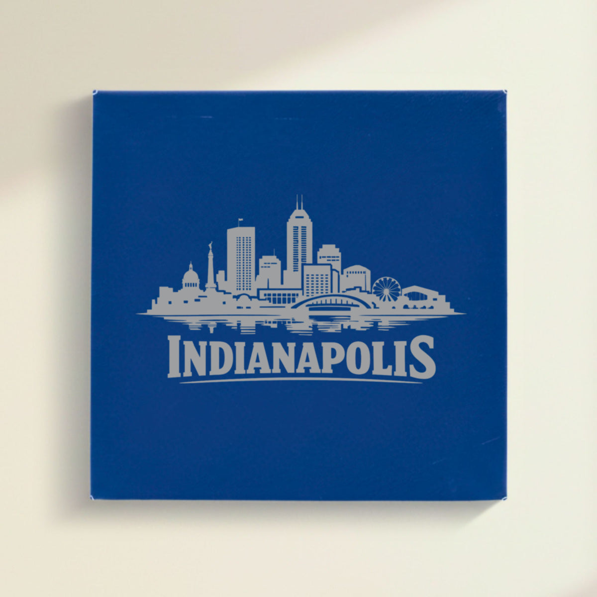 Close up of the Indianapolis, Indiana skyline engraved on Blue leatherette