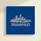 Close up of the Indianapolis, Indiana skyline engraved on Blue leatherette