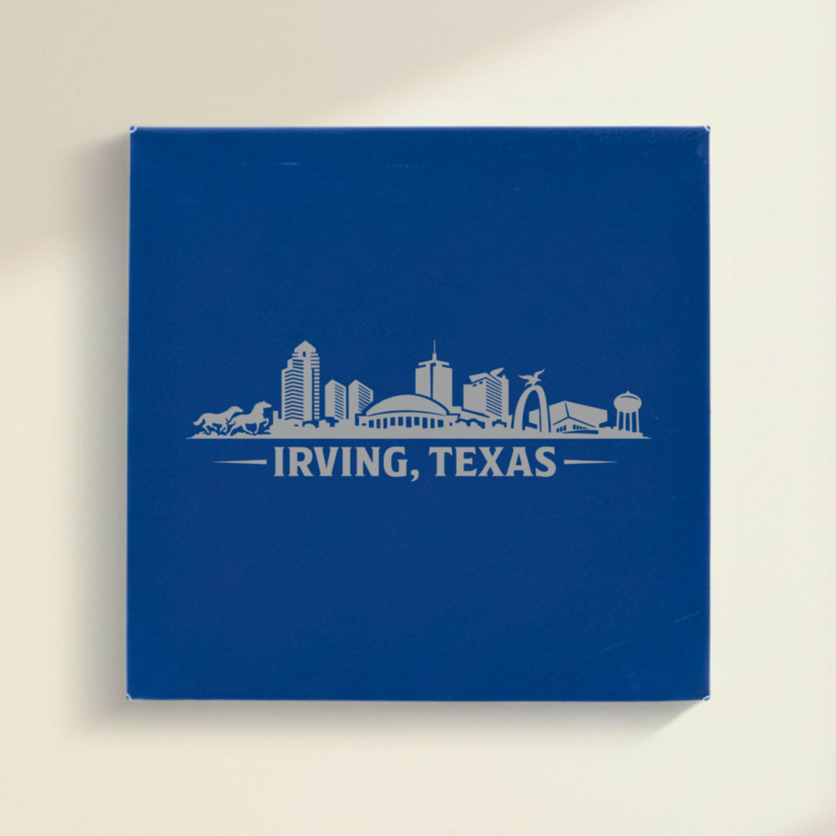 Close up of the Irving, Texas skyline engraved on Blue leatherette