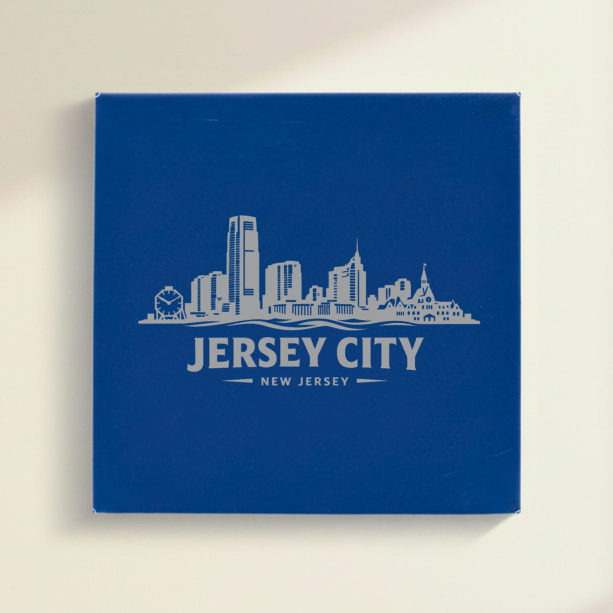 Close up of the Jersey City, New Jersey skyline engraved on Blue leatherette