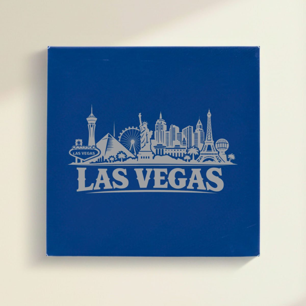 Close up of the Las Vegas, Nevada skyline engraved on Blue leatherette